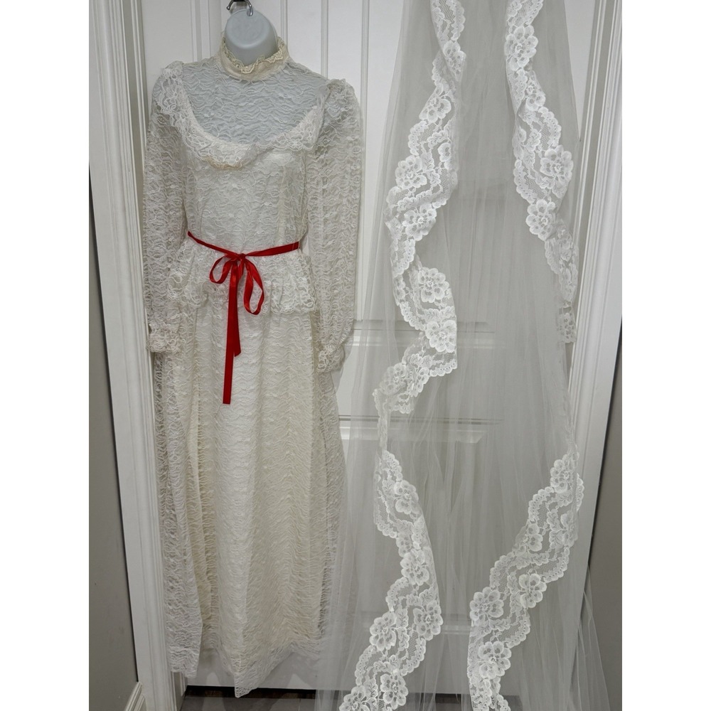 Vtg 70s Victorian Wedding Dress High Neck Lace Ruffle Boho Prairie Gown Veil 24"